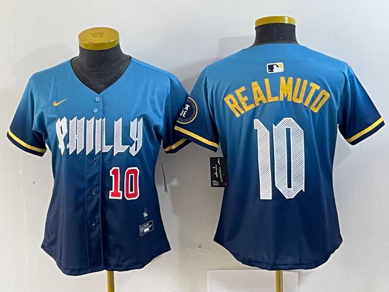Women%27s Philadelphia Phillies #10 JT Realmuto Number Blue 2024 City Connect Limited Stitched Jersey->mlb womens jerseys->MLB Jersey